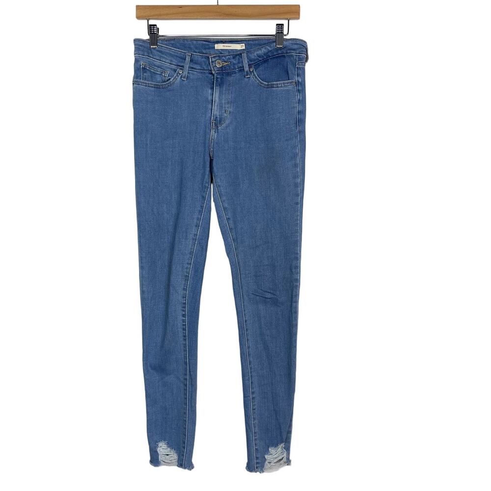Levis Womens 27 Blue 711 Skinny Jeans Ripped Hem Medium Wash Cotton Stretch